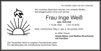 Traueranzeige von Regina Inge Weiß von Frankenpost