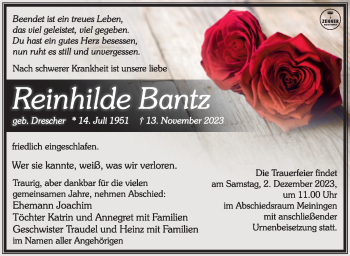 Traueranzeige von Reinhilde Bantz von Südthüringer Presse