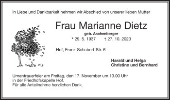 Traueranzeige von Marianne Dietz von Frankenpost