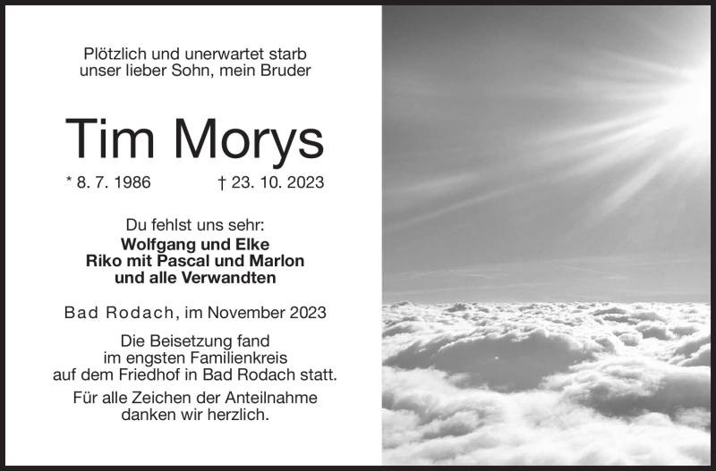  Traueranzeige für Tim Morys vom 11.11.2023 aus Neue Presse Coburg