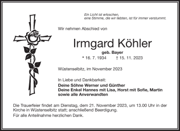 Traueranzeige von Irmgard Köhler von Frankenpost