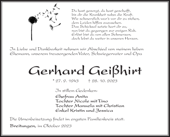 Traueranzeige von Gerhard Geißhirt von Südthüringer Presse