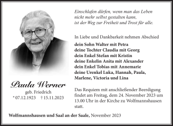 Traueranzeige von Paula Werner von Südthüringer Presse