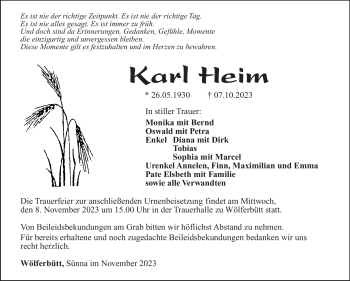 Traueranzeige von Karl Heim von Südthüringer Presse