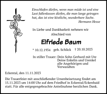 Traueranzeige von Elfriede Baum von Frankenpost