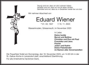 Traueranzeige von Eduard Wiener von Frankenpost