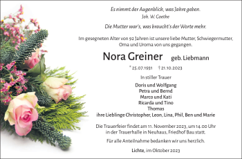 Traueranzeige von Nora Greiner von Südthüringer Presse
