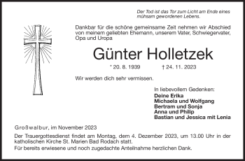 Traueranzeige von Günter Holletztek von Neue Presse Coburg