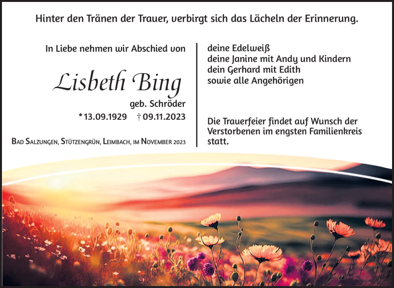  Traueranzeige für Lisbeth Bing vom 18.11.2023 aus Südthüringer Presse