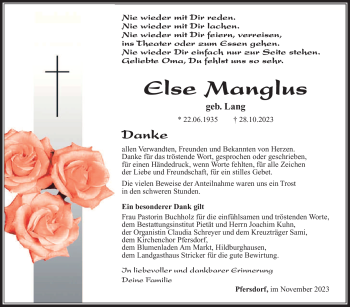 Traueranzeige von Else Manglus von Südthüringer Presse