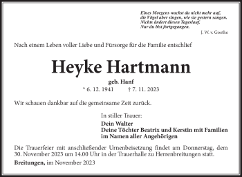 Traueranzeige von Heyke Hartmann von Südthüringer Presse