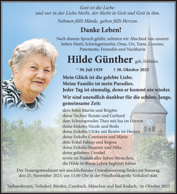 Traueranzeige von Hilde Günther von Südthüringer Presse