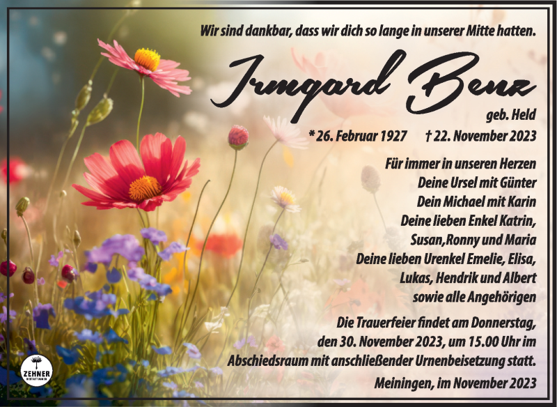  Traueranzeige für Irmgard Benz vom 25.11.2023 aus Südthüringer Presse