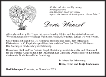Traueranzeige von Doris Wenzel von Südthüringer Presse