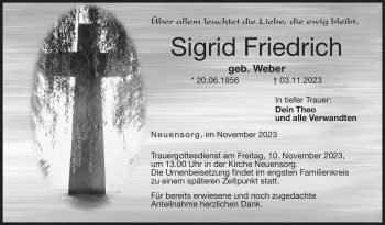 Traueranzeige von Sigrid Friedrich von Neue Presse Coburg