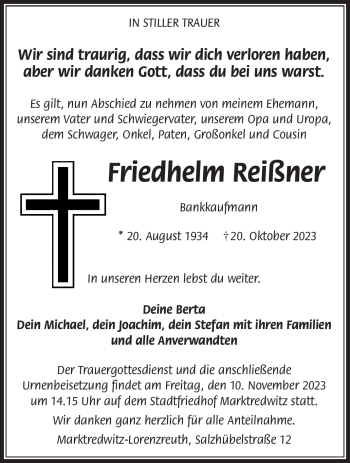 Traueranzeige von Friedhelm Reißner von Frankenpost