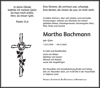 Traueranzeige von Martha Bachmann von Südthüringer Presse