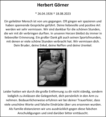 Traueranzeige von Herbert Görner von Südthüringer Presse
