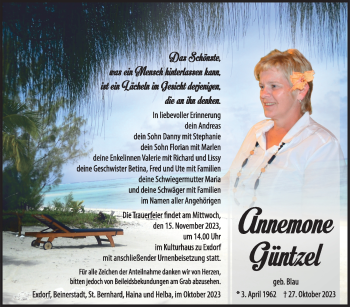 Traueranzeige von Annemone Güntzel von Südthüringer Presse