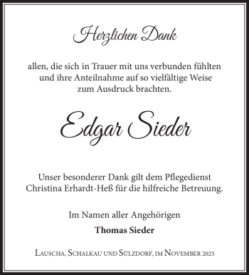 Traueranzeige von Edgar Sieder von Südthüringer Presse