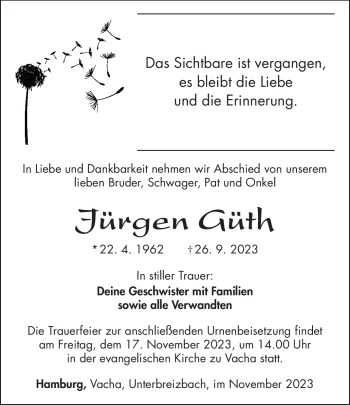 Traueranzeige von Jürgen Güth von Südthüringer Presse