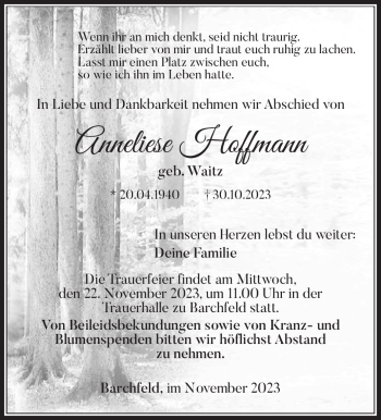 Traueranzeige von Anneliese Hoffmann von Südthüringer Presse