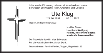 Traueranzeige von Ute Klug von Frankenpost
