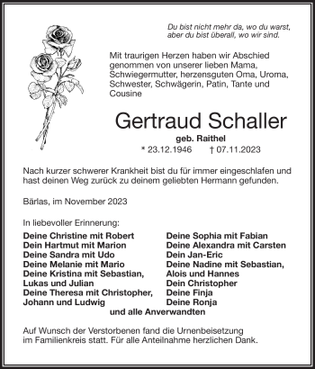 Traueranzeige von Gertraud Schaller von Frankenpost