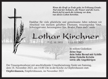 Traueranzeige von Lothar Kirchner von Südthüringer Presse