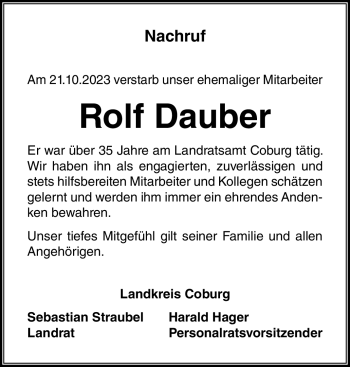 Traueranzeige von Rolf Dauber von Neue Presse Coburg