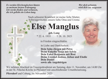 Traueranzeige von Else Manglus von Südthüringer Presse