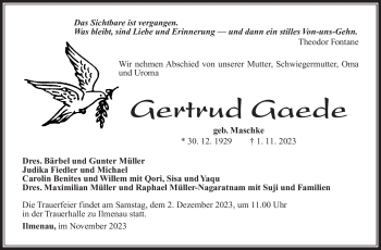 Traueranzeige von Gertrud Gaede von Südthüringer Presse