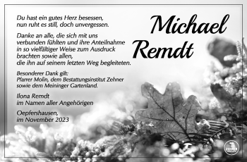 Traueranzeige von Michael Remdt von Südthüringer Presse