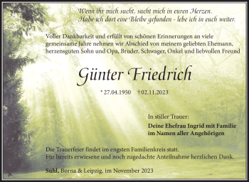 Traueranzeige von Günter Friedrich von Südthüringer Presse