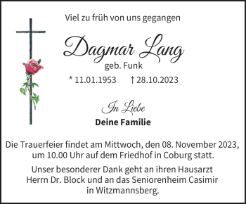 Traueranzeige von Dagmar Lang von Neue Presse Coburg