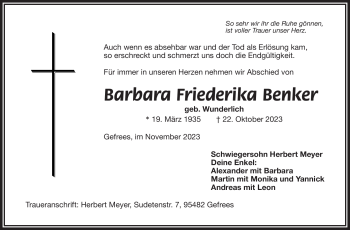 Traueranzeige von Barbara Friederika Benker von Frankenpost