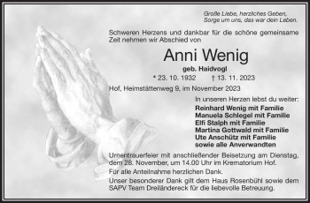 Traueranzeige von Anni Wenig von Frankenpost