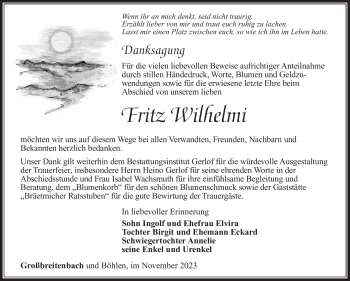 Traueranzeige von Fritz Wilhelmi von Südthüringer Presse