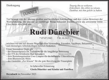 Traueranzeige von Rudi Dünebier von Südthüringer Presse