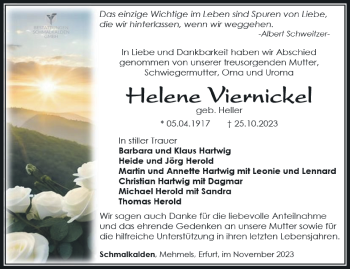 Traueranzeige von Helne Viernickel von Südthüringer Presse