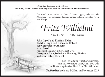 Traueranzeige von Fritz Wilhelmi von Südthüringer Presse