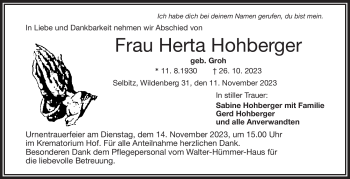 Traueranzeige von Herta Hohberger von Frankenpost