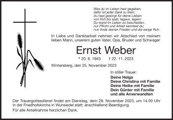 Traueranzeige von Ernst Weber von Frankenpost
