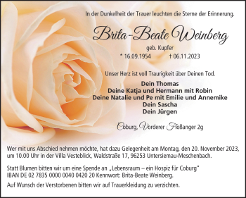 Traueranzeige von Brita-Beate Weinberg von Neue Presse Coburg