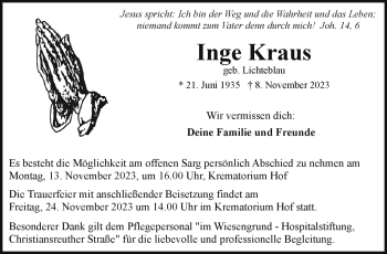 Traueranzeige von Inge Kraus von Frankenpost