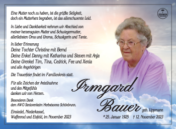 Traueranzeige von Irmgard Bauer von Südthüringer Presse