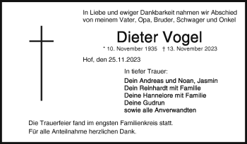 Traueranzeige von Dieter Vogel von Frankenpost