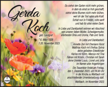 Traueranzeige von Gerda Koch von Südthüringer Presse