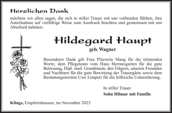 Traueranzeige von Hildegard Haupt von Südthüringer Presse