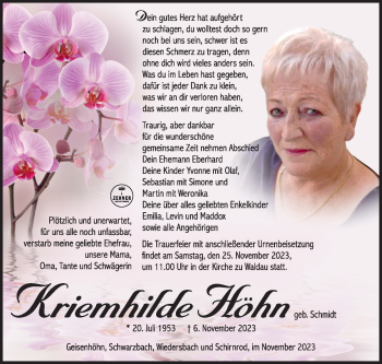 Traueranzeige von Kriemhilde Höhn von Südthüringer Presse